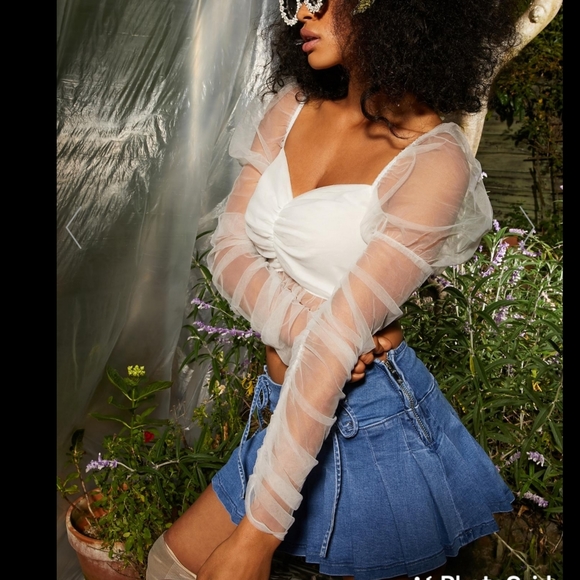 Dolls Kill Tops - Dollskill mesh puff Sleeves ruffle crop top  L